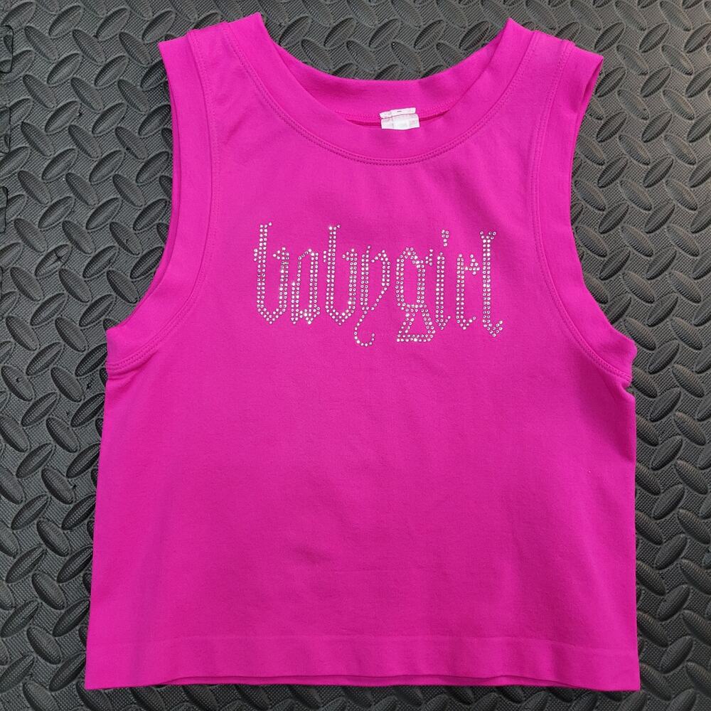 Babygirl Rhinestone Tank Top Small Pink Y2K McBling Baby Tee Rave Festival